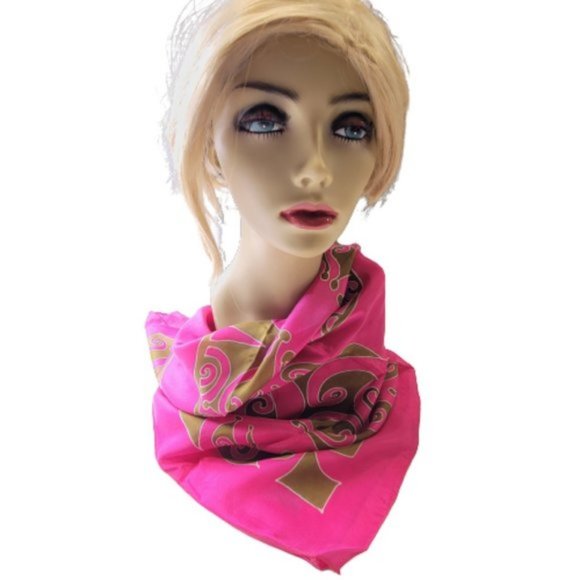 Pink Colored Square Silk Scarf with olive green Print Handpainted Fuji Silk- NEW - Picture 7 of 8